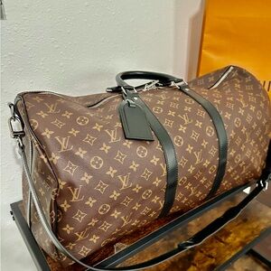 Louis Vuitton Monogram Keepall Bandouliere 55 Duffel Bag in Brown and Black